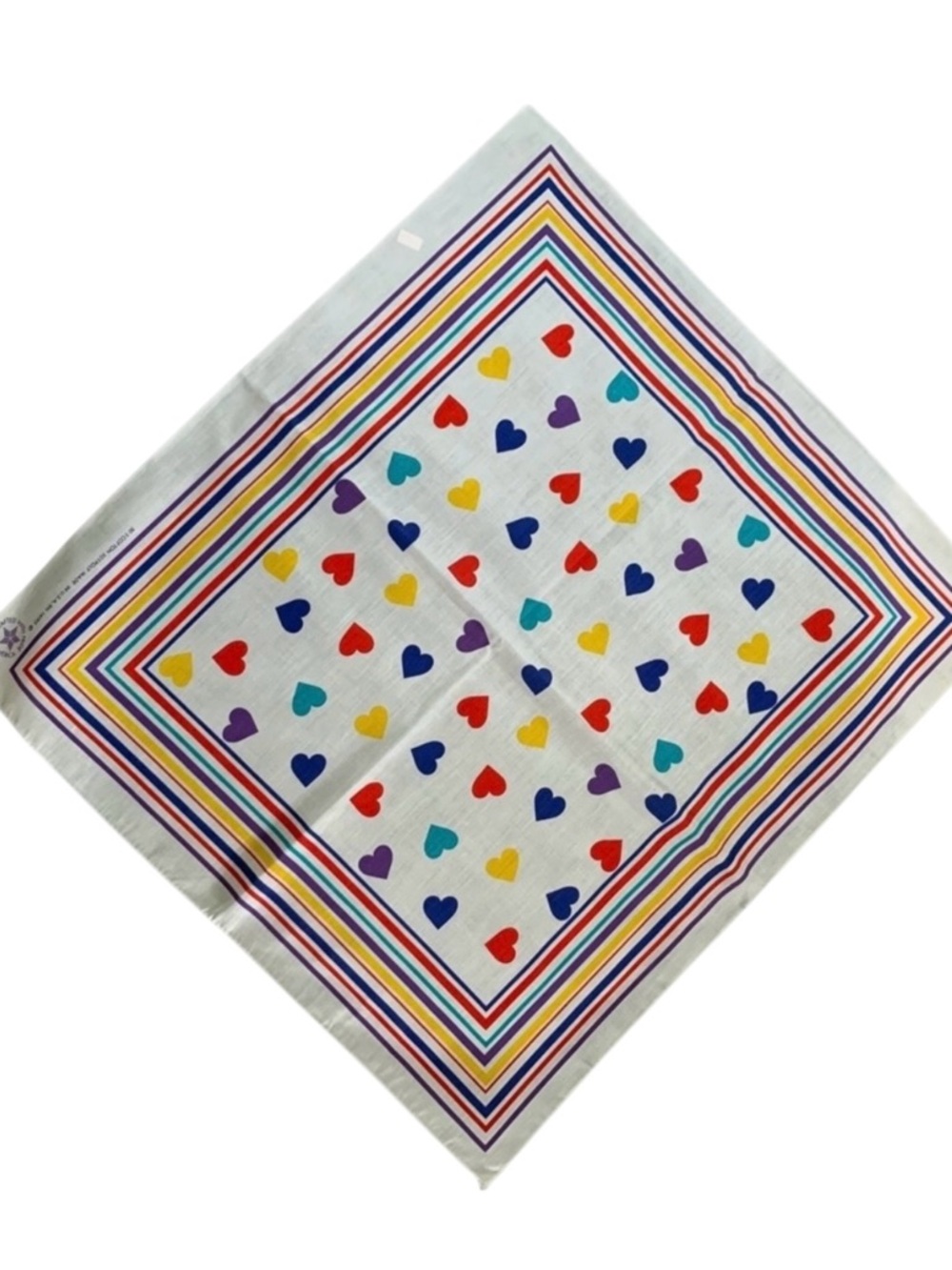 Vintage 90s White Colourful Heart Print Square Bandana Made in USA NEW